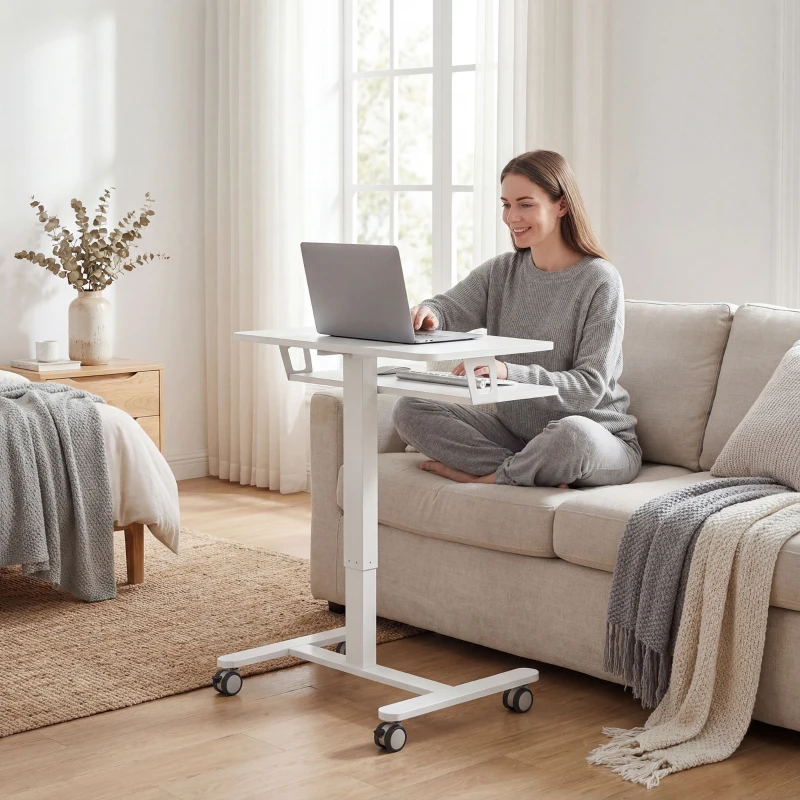 HOMCOM Höhenverstellbarer Stehschreibtisch, Rollbarer Sit-Stand-Schreibtisch mit Tastaturablage, Rollen und Stahlrahmen, Weiß
