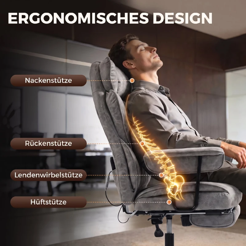 HOMCOM Bureaustoel met 6-punts massage en warmte, bureaustoel met voetensteun, lendensteun en brede zitting, grijs