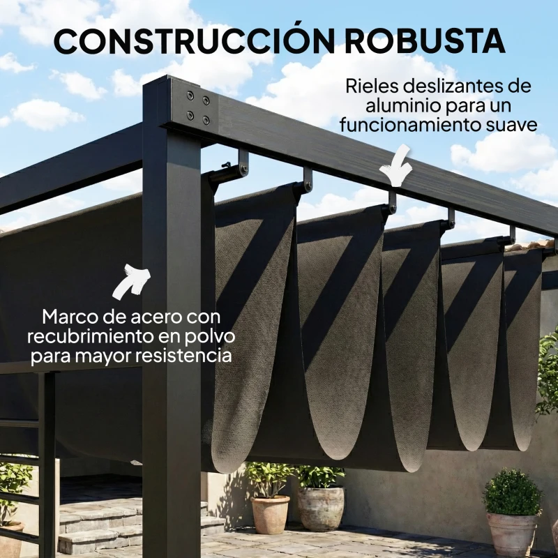 Outsunny Pérgola de Jardín 4x3 m con Techo Retráctil 2 Paneles de Privacidad UPF50+ Cenador de Jardín para Patio Exterior Gris