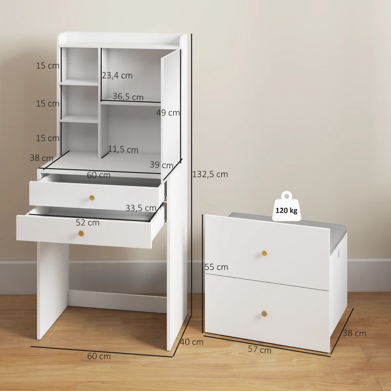HOMCOM Schminktisch mit Spiegel und gepolstertem Hocker, kompakter Frisiertisch mit Schrank, Schubladen und offenen Ablagen, Weiß