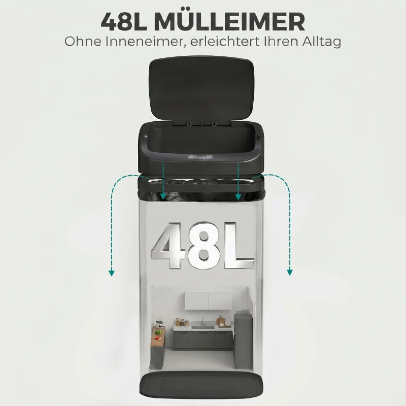 HOMCOM 48 L Sensor-Mülleimer für Küche oder Büro, automatische Schließ-Funktion, Edelstahl, Schwarz