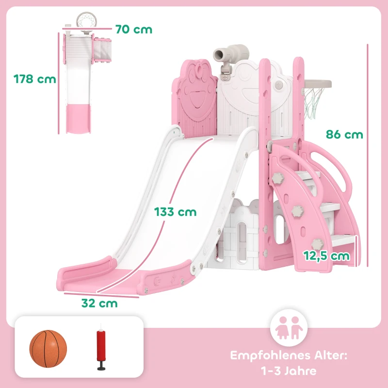 AIYAPLAY 5-in-1 Kinderrutschenset, Teleskop, Basketballkorb, HDPE, Kunststoff, Rosa+Weiß