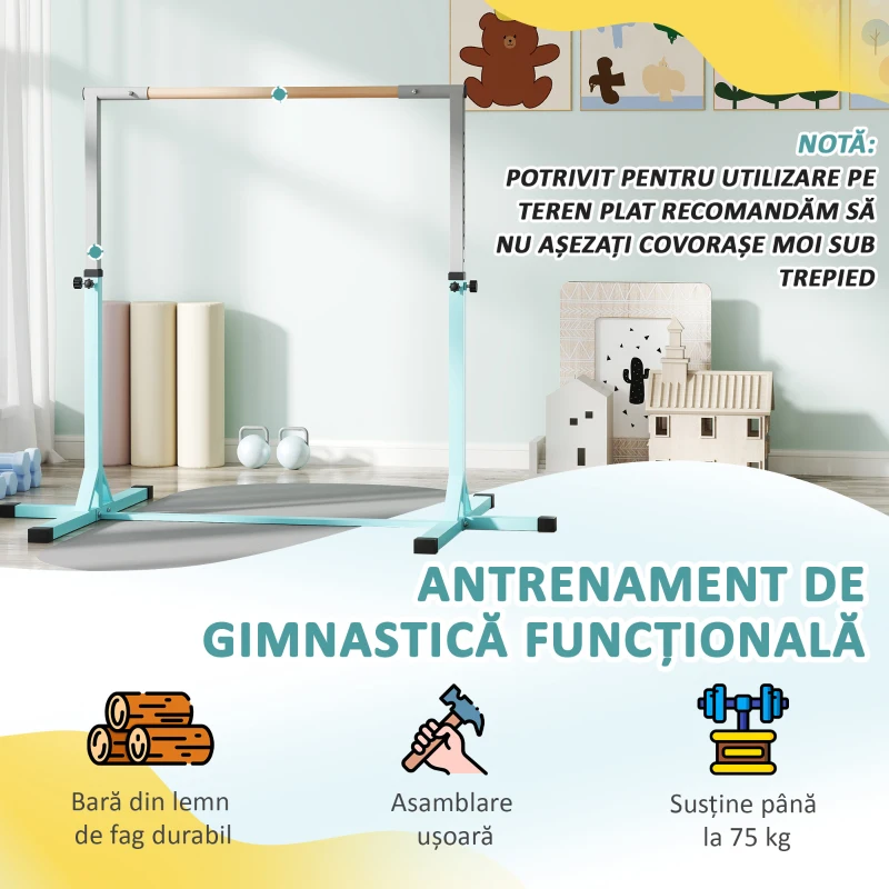 HOMCOM Bară de Gimnastică pentru Copii 3+ Ani, Înălțime Reglabilă, din Oțel și Lemn Masiv de Fag, Bleu