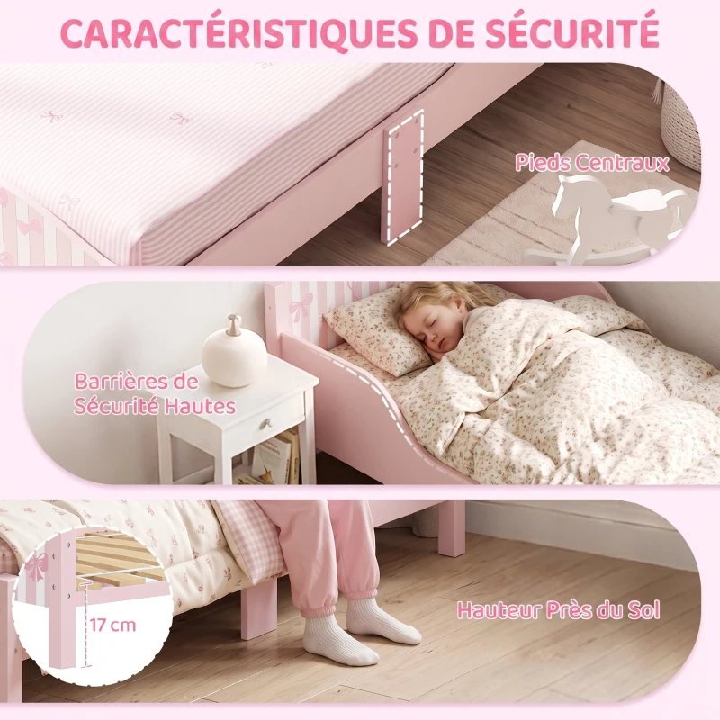 AIYAPLAY Lit Enfant 70 x 140 cm, Lit pour Enfant avec Barrière de Sécurité et Sommier à Lattes en Bois, Motif Nœud, Rose