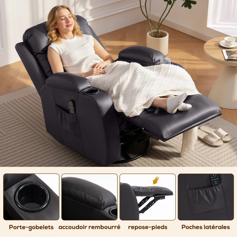 HOMCOM Fauteuil inclinable de massage et chauffage, fauteuil de relaxation, dossier réglable, pivotant 360°, 82x99x103cm, marron