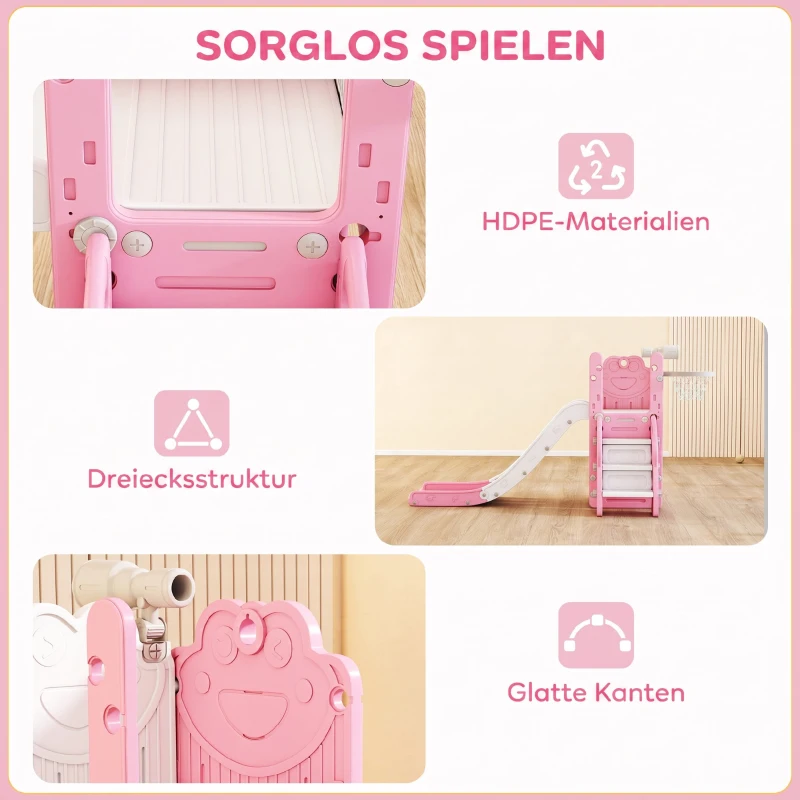 AIYAPLAY 5-in-1 Kinderrutschenset, Teleskop, Basketballkorb, HDPE, Kunststoff, Rosa+Weiß