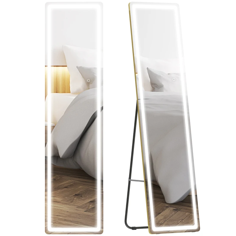 HOMCOM 2 in 1 Ganzkörperspiegel mit LED-Licht, freistehend, wandmontiert, dimmbar, 40 cm x 37 cm x 156,5 cm, Silber