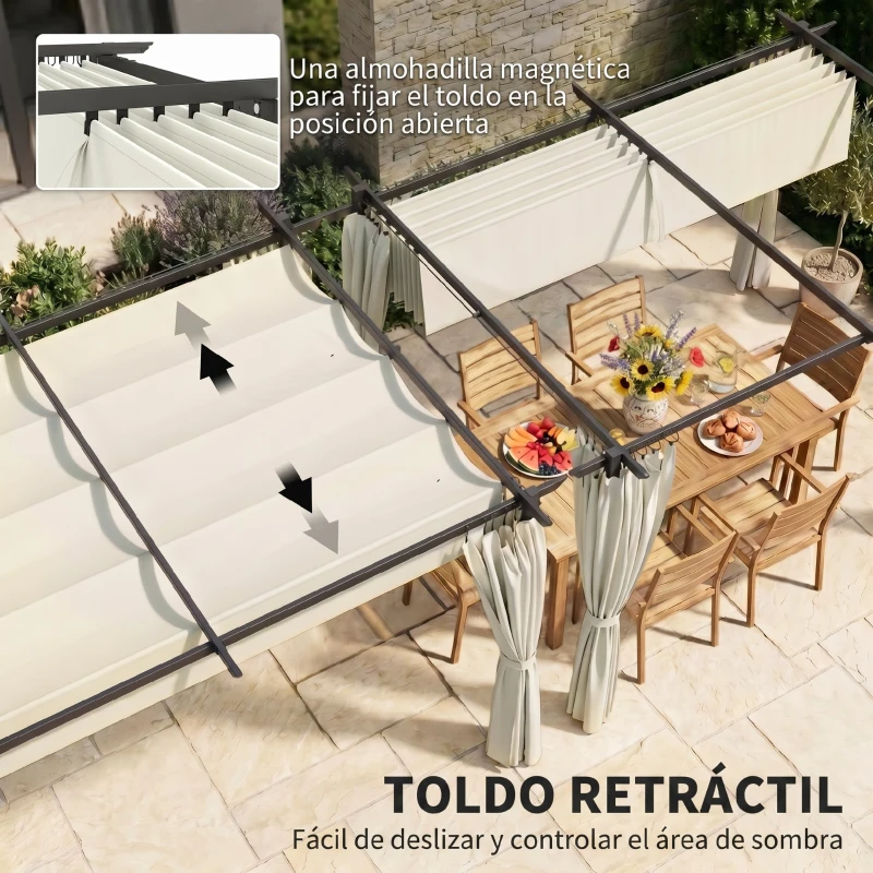 Outsunny Pérgola con Techo Retráctil 4x3 m Cenador con Paredes Laterales Anti-UV Resistente al Agua para Jardín Patio Crema
