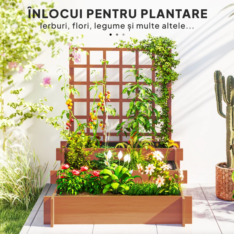 Outsunny Jardinieră cu grilaj pe 3 niveluri din lemn de brad și material netesut, 95x95x110 cm, maro