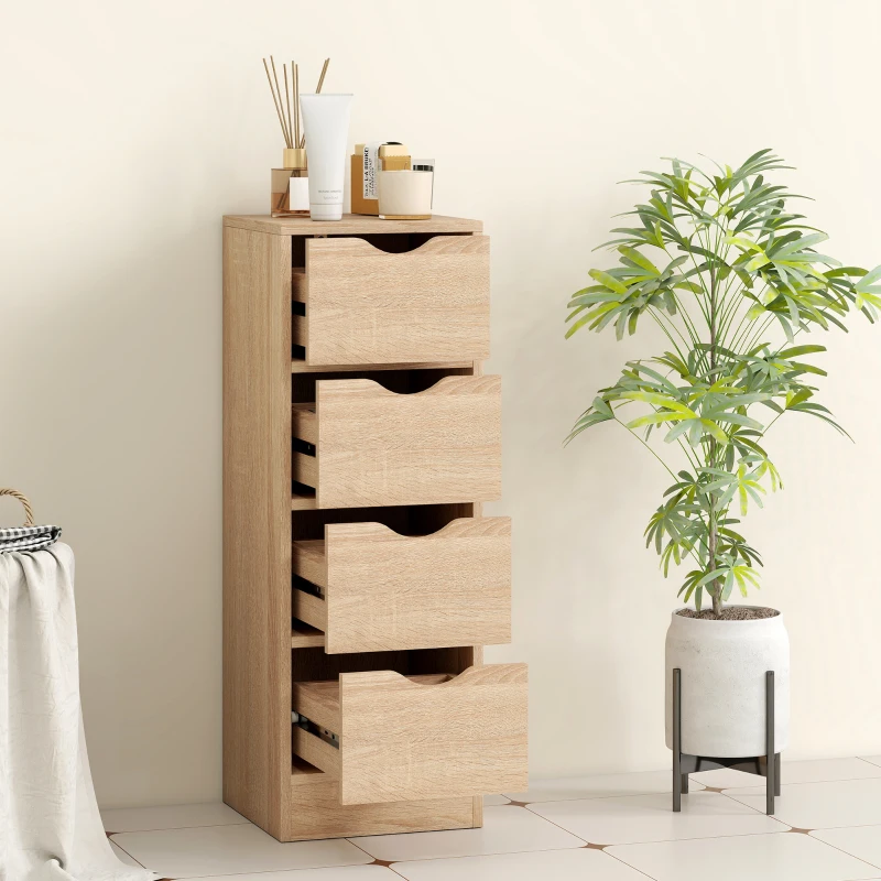 HOMCOM Dulap de Baie Economisitor de Spațiu cu 4 Sertare și Mânere Sculptate Stil Nordico, 29x29x83 cm, Lemn Natural