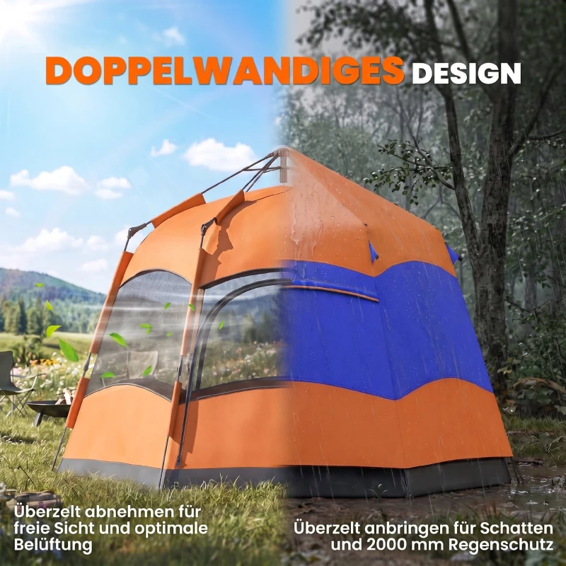 Outsunny Doppellagiges Instant-Pop-Up-Zelt mit Regenschutz, Outdoor Familienzelt für 4 Personen wasserdicht sechseckig 4 Jahreszeiten Kuppelzelt mit Bodenplane 2 Türen Moskitonetz Tragetasche Orange