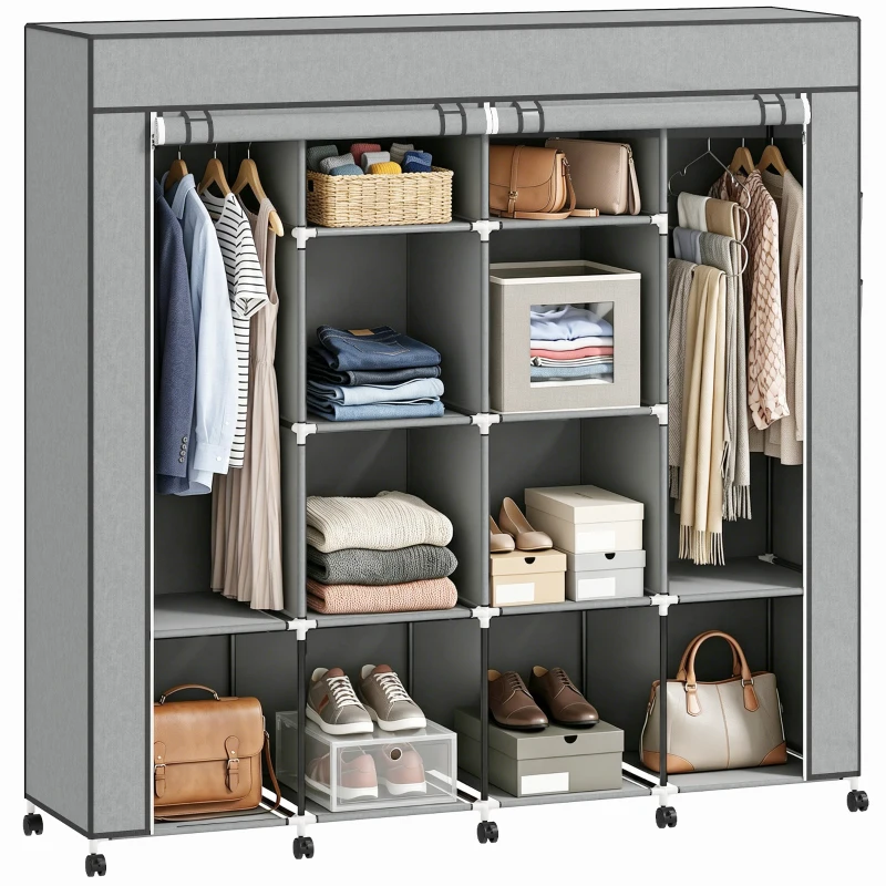 HOMCOM Kleiderschrank Stoffschrank, Türen, 2 Kleiderstangen, 10 Fächer, Grau