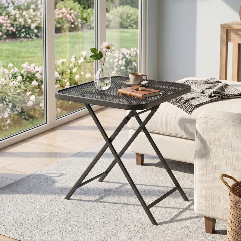 Outsunny Opvouwbare Tuinetafel 70x70 cm, Weerbestendige Balkontafel met Rasterontwerp Vierkant Zwart