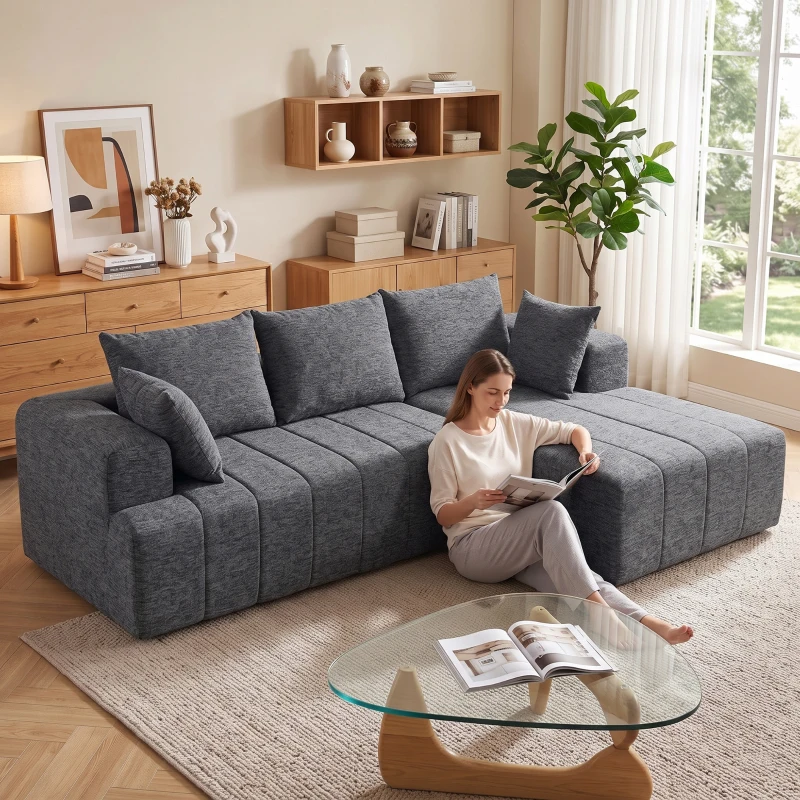 HOMCOM 3-Sitzer Ecksofa in L-Form mit Ottomane, wandelbares Chenille-Cloud-Schlafsofa mit Federkernpolsterung, Grau