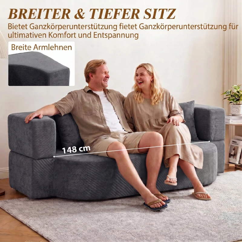 HOMCOM Schlafsofa, Bodensofa ohne Gestell mit dickem, hochdichtem Schaumstoff, breitem und tiefem Sitz, dunkelgrau
