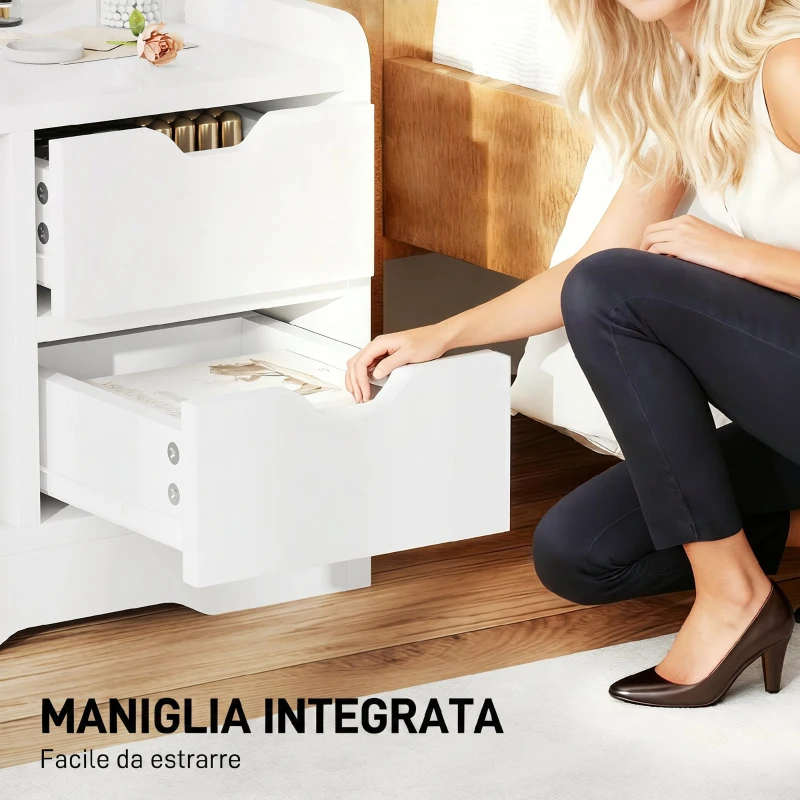HOMCOM Comodino Camera da Letto con 2 Cassetti e Mensole Portaoggetti, Comodino Moderno in Legno, Bianco Lucido