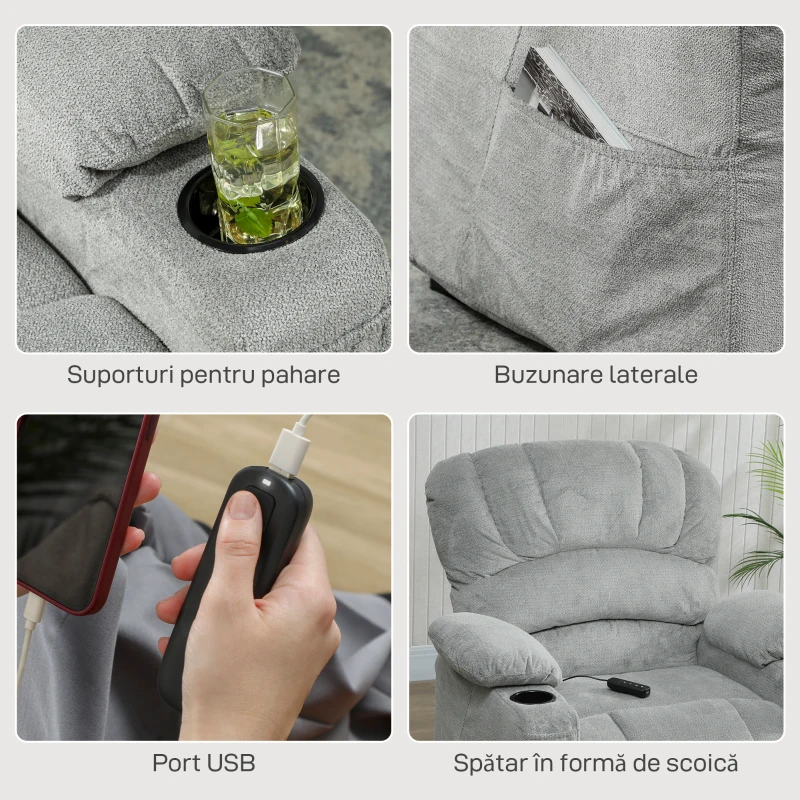 HOMCOM Fotoliu Relax Electric Reclinabil 150° cu Suport pentru Picioare, Șezut Lat, Silențios, Catifea, Gri