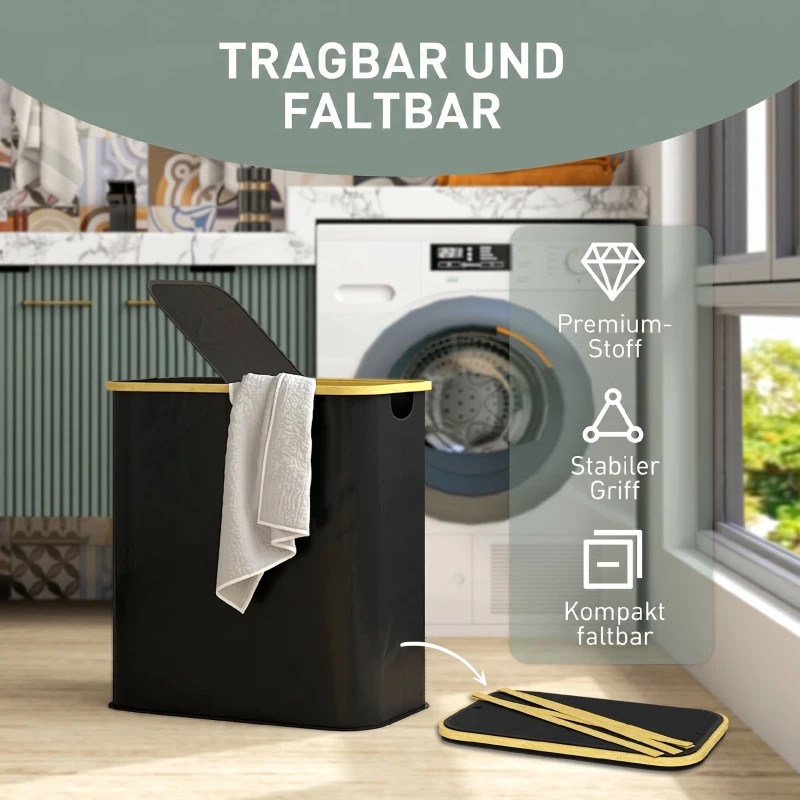 HOMCOM Doppel-Wäschekorb mit Deckel, 80L zusammenklappbarer Wäschesammler mit Griffmulden