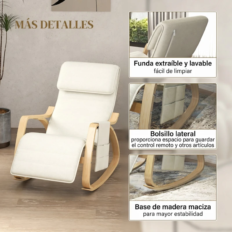 HOMCOM Silla Mecedora con Reposapiés Ajustable en 5 Posiciones Bolsillo Lateral Reposabrazos de Madera Reposacabezas Crema