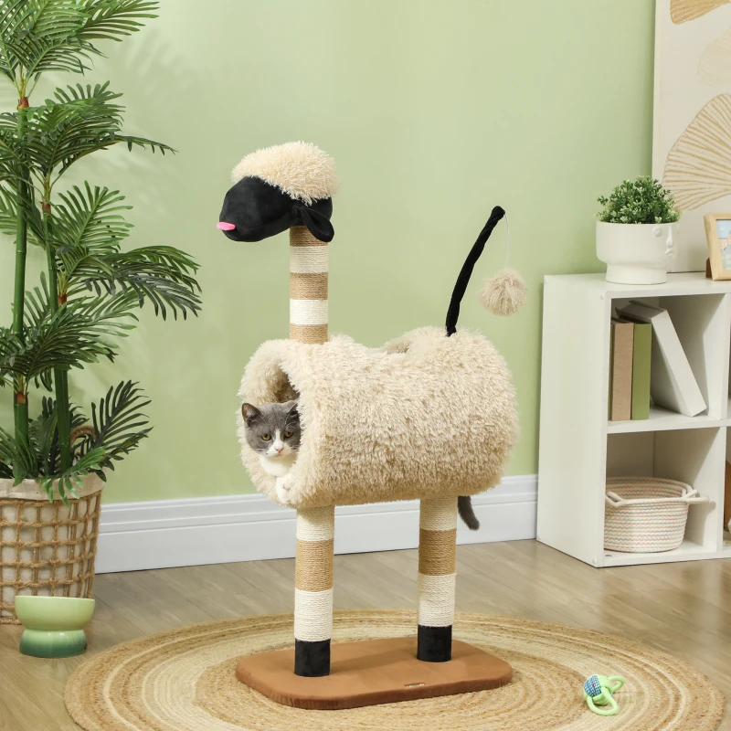 PawHut Albero Tiragraffi per Gatti a Forma di Pecora con Naso Nero, Pali in Juta, Tunnel e Pallina, Marrone Chiaro