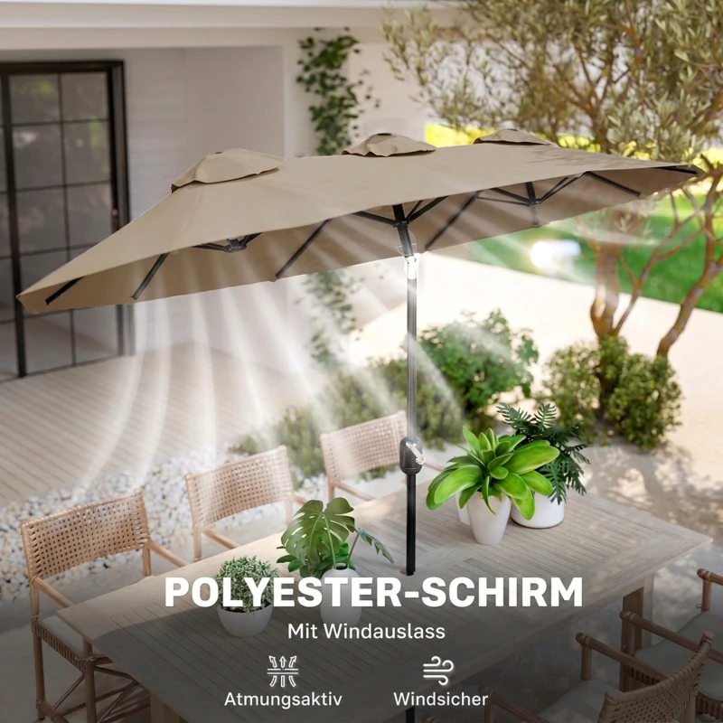 Outsunny parasol, tuinparasol, kantelbaar, met handslinger, windkap, polyester+staal, kaki, 285 x 147 cm