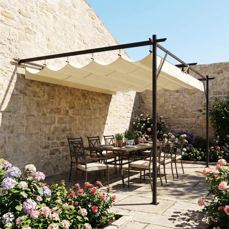 Outsunny Pérgola de Pared de Jardín 4x3 m con Techo Retráctil Protección UPF30+ Drenaje Cenador de Jardín para Exterior Crema