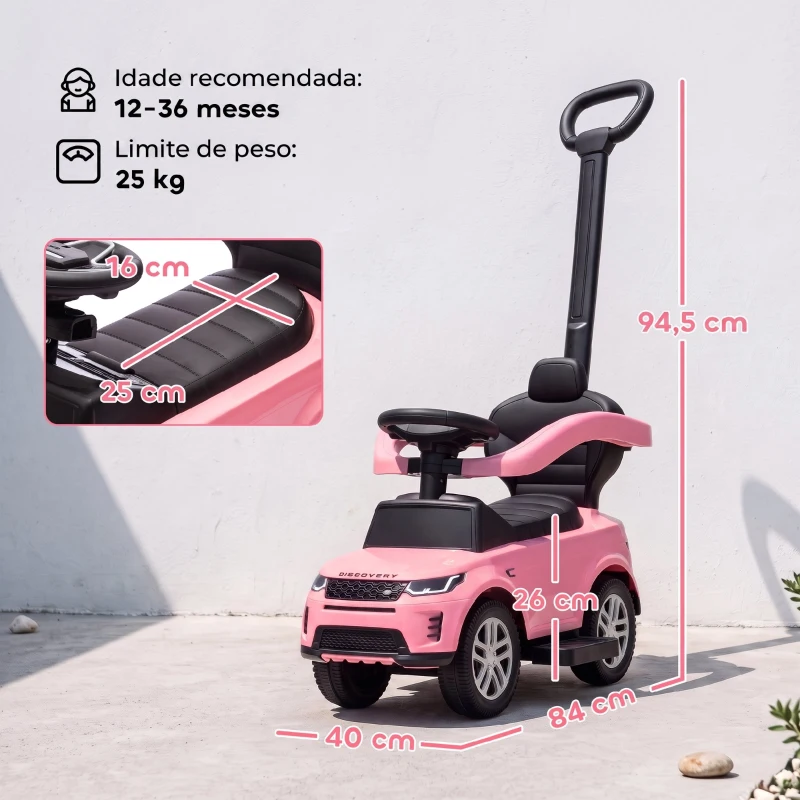 AIYAPLAY Carro Andador 2 em 1 para Crianças Land Rover Discovery com Buzina Pega de Empurrar e Barra Removíveis 84x40x94,5 cm Rosa