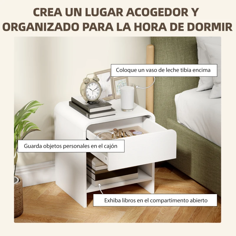 HOMCOM Juego de 2 Mesitas de Noche Nórdicas con Esquinas Redondeadas Cajón y Estante Abierto 40x35x45 cm Blanco