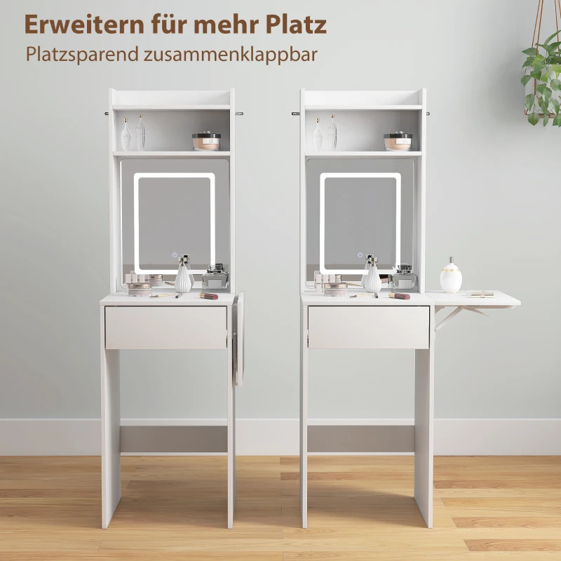 HOMCOM Compacter Make-uptafel met Spiegel en LED-verlichting, opklapbaar tafelblad, open planken, lade, MDF, Wit(m-5)