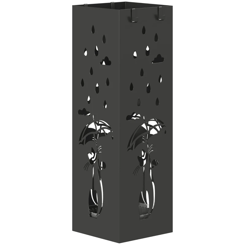 HOMCOM Suport de Umbrele Pătrat din Metal pentru Intrare, Suport Autoportant cu Tavă Detașabilă și 4 Cârlige, pentru Interior și Exterior, 15.5x15.5x49 cm, Negru