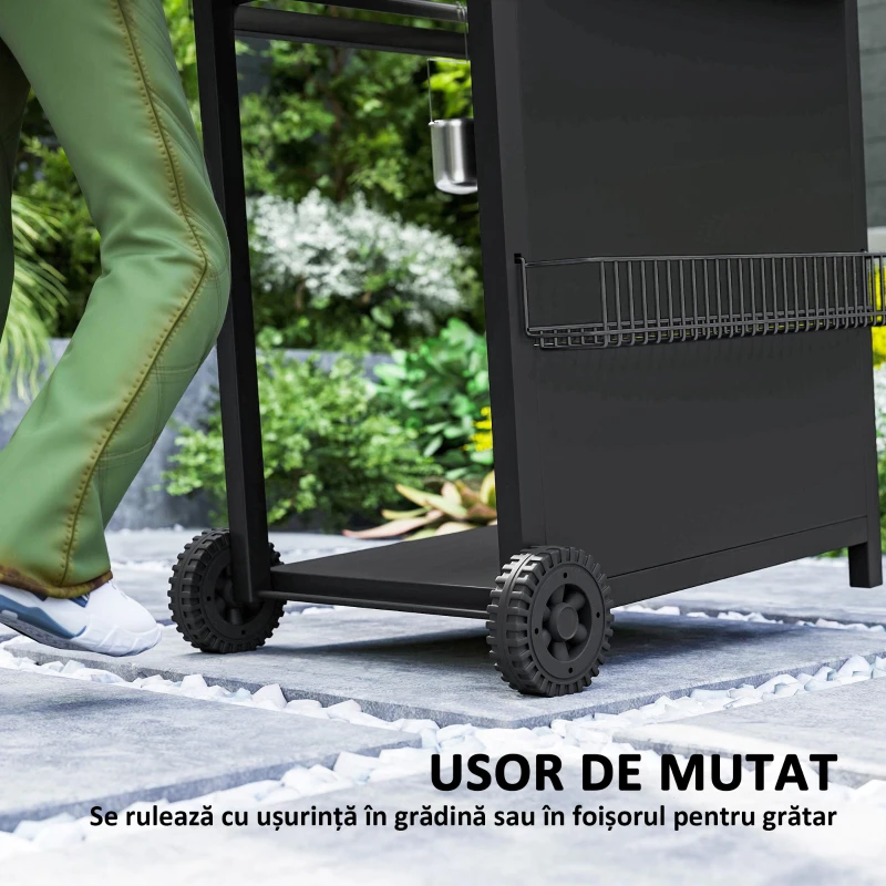 Outsunny Grătar pe Gaz cu Arzătoare Independente, Capac cu Termometru și Masă Laterală, Negru