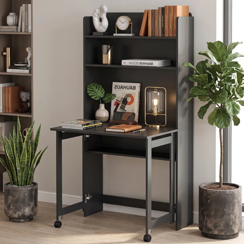 HOMCOM Computertisch mit Ablagefächern, Klappbare Arbeitsfläche, 2 Rollen, für Schlafzimmer, Wohnzimmer, 80x69x155cm, Schwarz