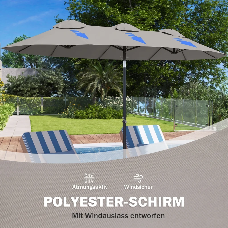 Outsunny parasol, tuinparasol, kantelbaar, met handslinger, winddak, polyester+staal, grijs, 285 x 147 cm