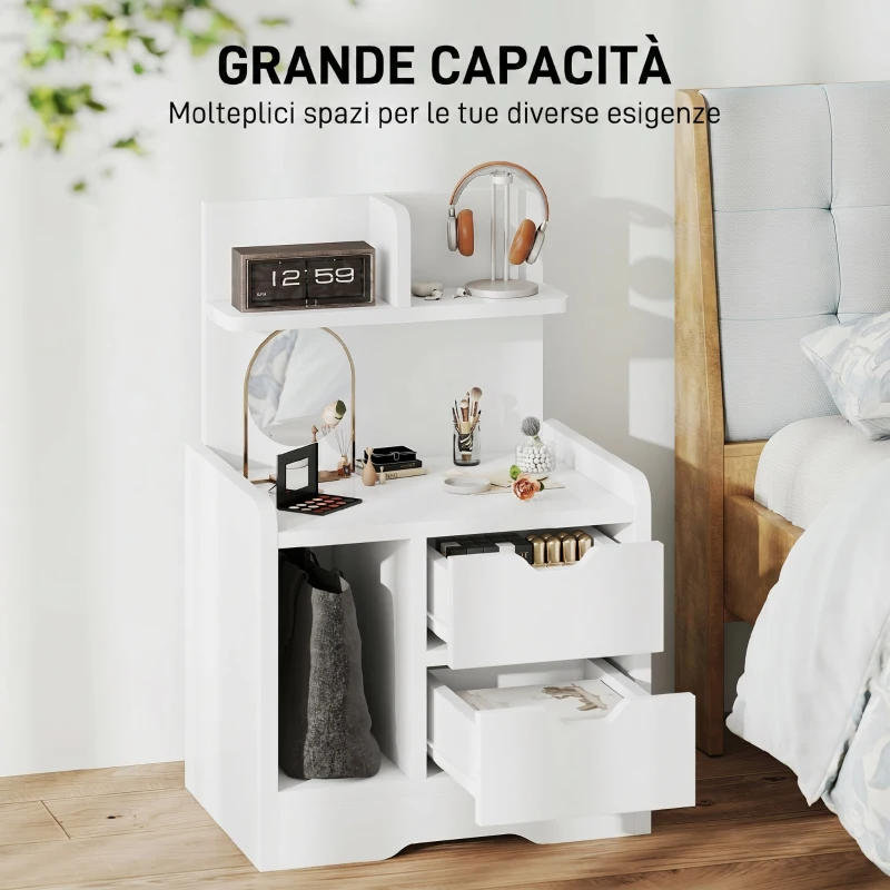 HOMCOM Comodino Camera da Letto con 2 Cassetti e Mensole Portaoggetti, Comodino Moderno in Legno, Bianco Lucido
