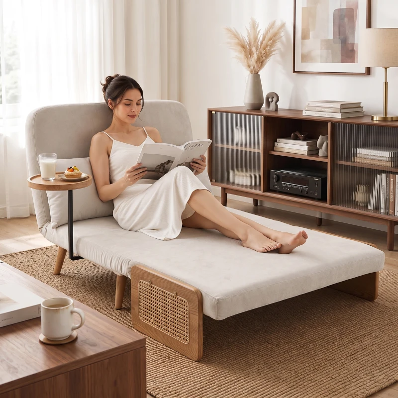 HOMCOM Sofá Cama 2 Plazas Convertible 3 en 1 Tapizado en Chenilla con Respaldo Ajustable Mesa Lateral 2 Almohadas Blanco Crema