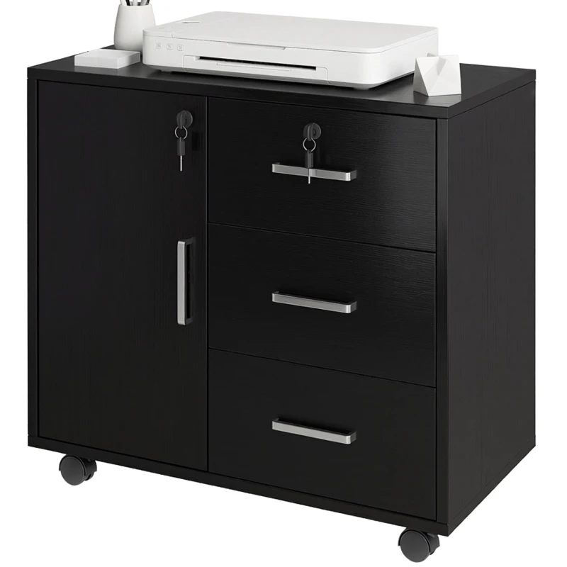 HOMCOM Caisson bureau meuble de rangement verrouillable avec 3 tiroirs et étagère réglable, roulettes, 40 x 60 x 56 cm, noir