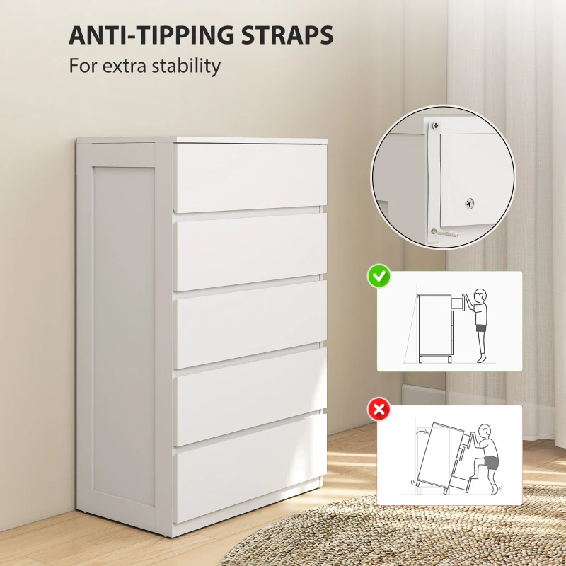 HOMCOM Cassettiera 5 Cassetti in Legno con Maniglie Scanalate, 60x38x100cm, Bianco