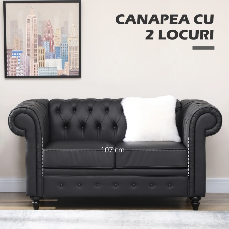 HOMCOM Canapea cu 2 Locuri Stil Chesterfield, PU, Lemn Masiv, 160 x 84 x 80 cm, Negru(m-17)