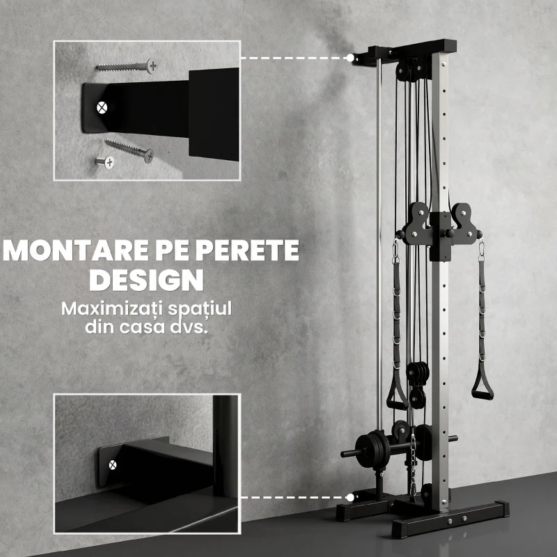 SPORTNOW Aparat Lat Machine Da Perete Con Scripete Regolabili, Încărcare Greutăți Reglabil