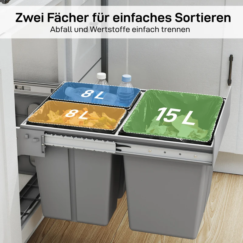 HOMCOM 31L Ausziehbarer Abfallbehälter 15L + 8L x 2 mit herausnehmbaren Eimern