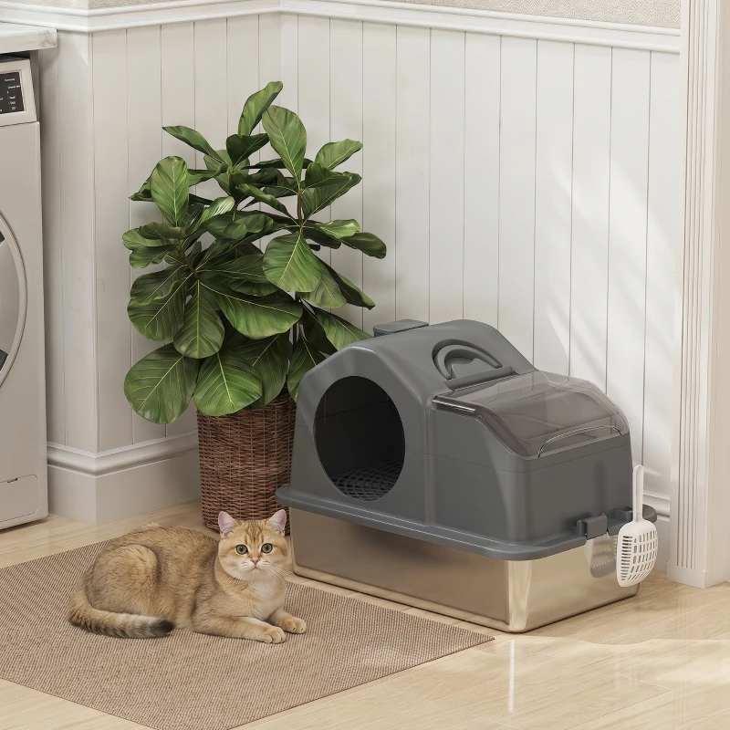 PawHut Maison de Toilette pour Chat avec Couvercle Amovible et Fermé, Côtés Hauts, 60,5x40,5x45cm, Gris Foncé