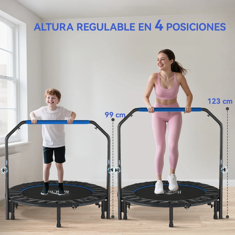 HOMCOM Trampolín de Fitness Adultos Ø122 cm, Cama Elástica Plegable con Mango Ajustable de 4 Niveles Negro y Azul