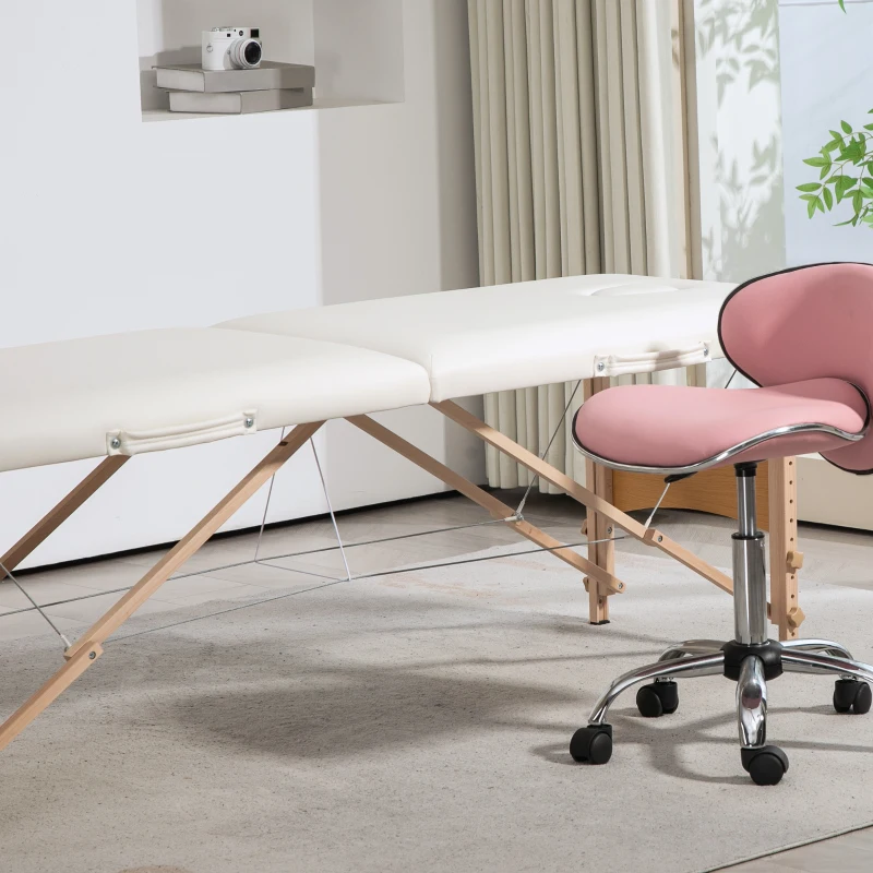 HOMCOM Mobile Massageliege 2 Zonen Klappbar Höhenverstellbar Massagetisch 60 cm Breit mit Tragetasche Holzfüßen Cremeweiß