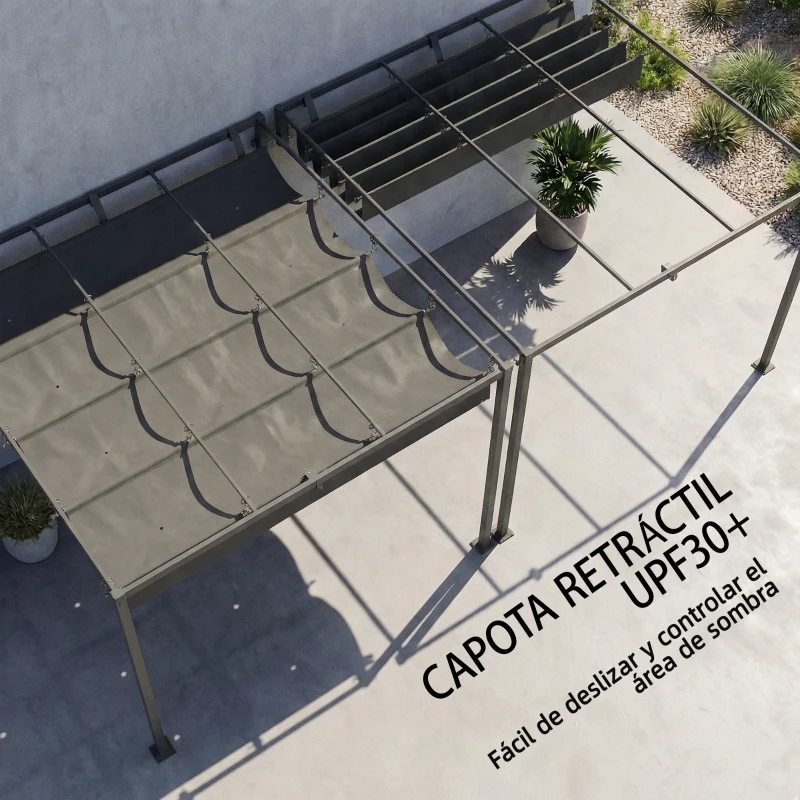 Outsunny Pérgola de Pared de Jardín 3x3 m con Techo Retráctil Protección UPF30+ Drenaje Cenador de Jardín para Exterior Gris