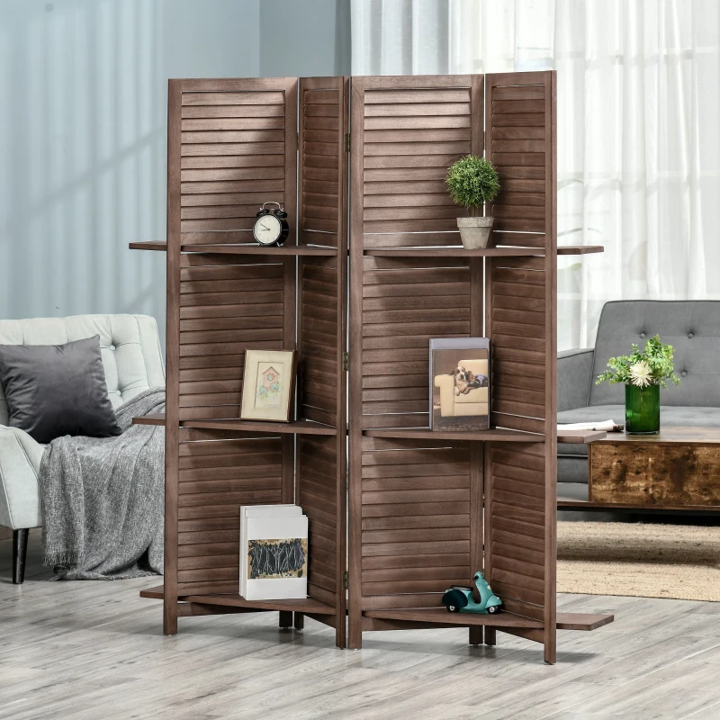 HOMCOM Biombo Plegable de 4 Paneles de Madera 162x170 cm Biombo Separador de Ambientes con 3 Estantes Nogal