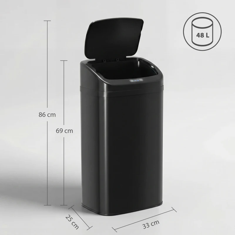 HOMCOM 48 L Sensor-Mülleimer für Küche oder Büro, automatische Schließ-Funktion, Edelstahl, Schwarz