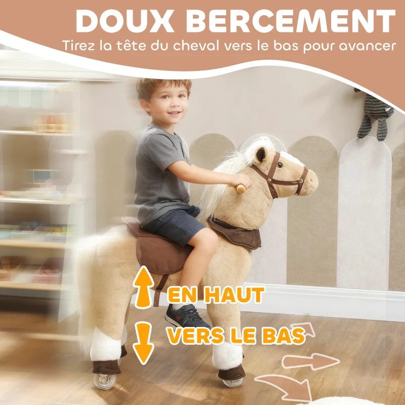 AIYAPLAY Cheval à bascule animal à bascule sur roulettes avec selle et harnais pour enfant de 3 à 5 ans 70 x 28 x 80 cm marron