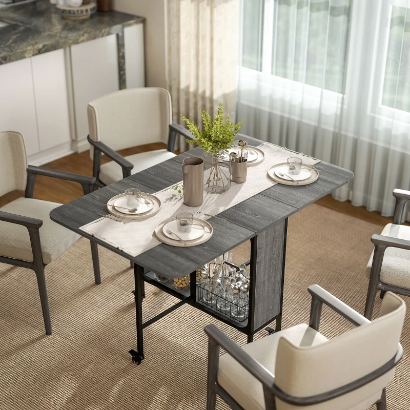 HOMCOM Table pliante de cuisine extensible salle à manger sur roulettes jusqu'à 6 personnes étagère intégrée, 6 roues, Gris