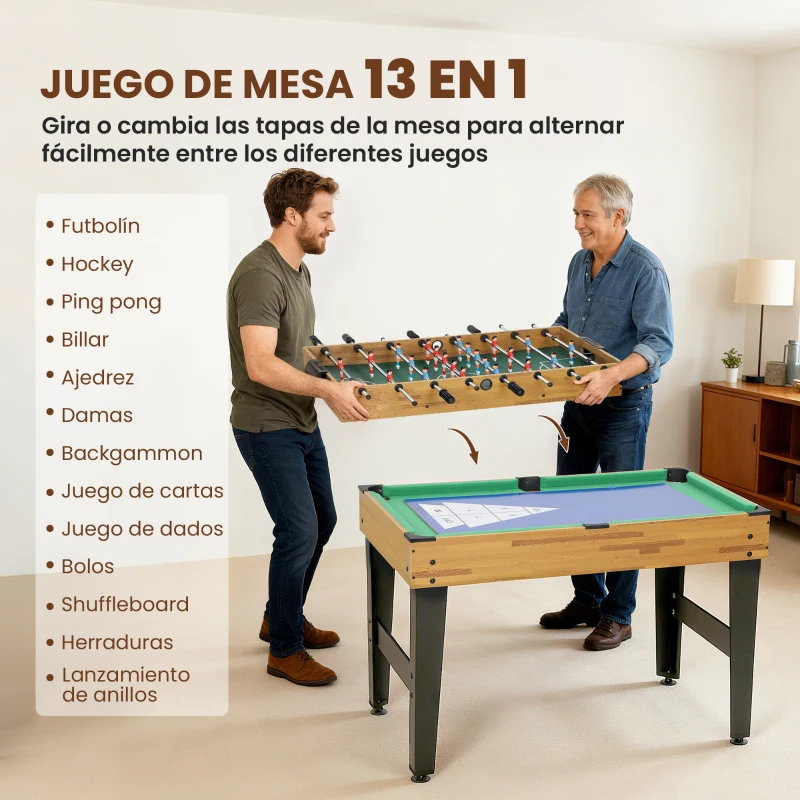 SPORTNOW Mesa Multijuegos 13 en 1 con Futbolín Billar Ping-pong Hockey Ajedrez Damas Backgammon y Accesorios