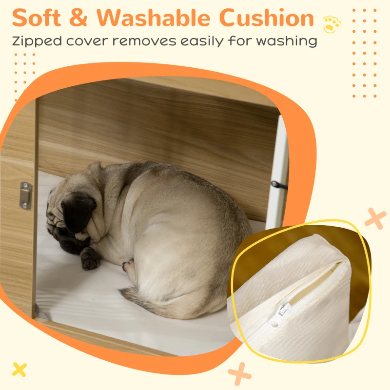PawHut Jaula de Madera para Perros con Cojín 2 Puertas y Patas Ajustables Uso como Mesa Auxiliar o Mesita de Noche 90x58x65 cm